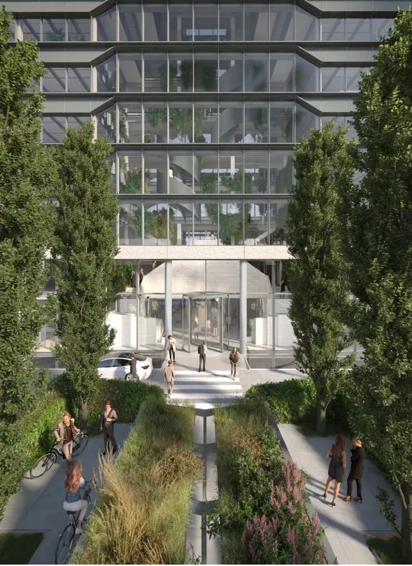 Moderne kantoorgebouw aan de Marten Meesweg met glazen gevel, zichtbare binnentuinen en een groene entree met wandel- en fietspad.